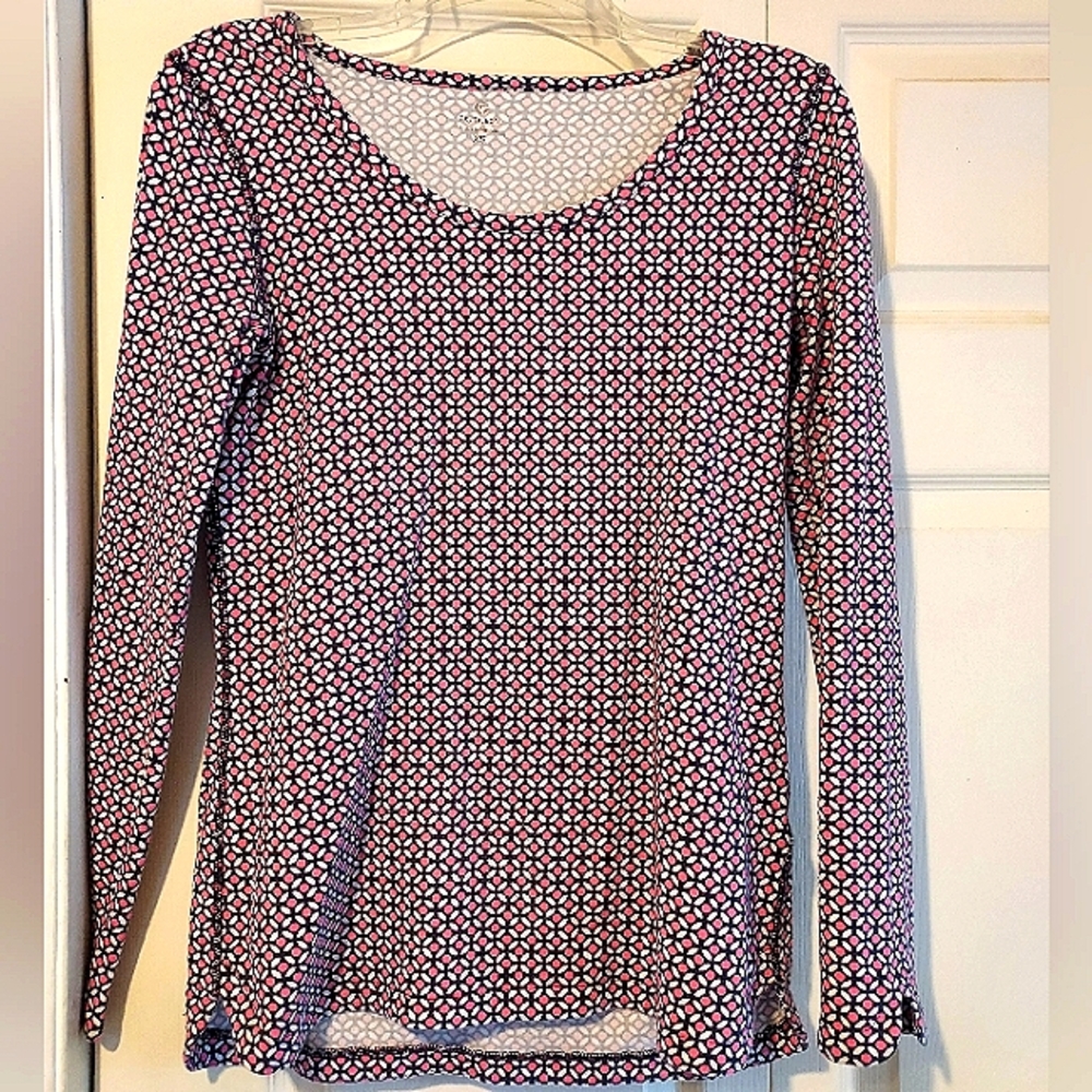 T by Talbots Long Sleeve Stretch Top Shirt XS Pink White Black READ